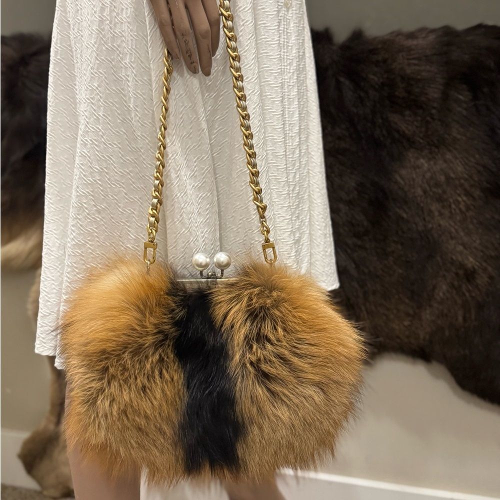 Handmade Real Fox Fur Kiss-lock Frame Clutch Bag, Shoulder Bag/ Crossbody - Picture 5 of 14